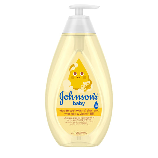 Johnson's Baby Head-To-Toe Baby Wash & Shampoo + Aloe & Vitamin B5, 2-in-1 Bath Wash Gently Cleanses Newborn's Delicate Skin & Hair, Hypoallergenic, No Added Parabens, Dyes & Sulfates, 27.1 fl. oz