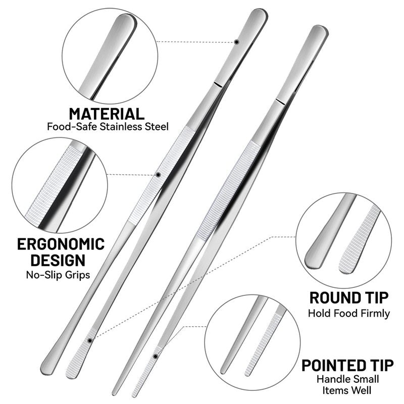 Kitchen Tweezers Stainless Steel Fine Kitchen Tongs for Cooking, Extra-Long Kitchen Tweezers Food Tongs, Set of 2-12inch