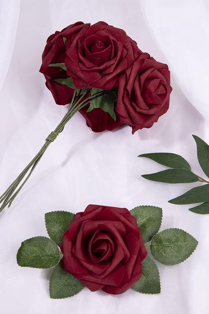 N&T NIETING Artificial Flowers Roses, 25Pcs Red Foam Roses Real Touch Roses with Stems Fake Flowers for Wedding Bridal Bouquets Centerpieces Floral Arrangement Party Home Decoration, Dark Red