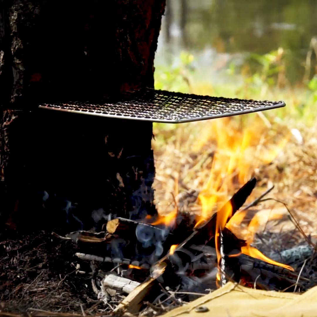 BattlBox Bushcraft Grill Stainless Steel Campfire Cooking Grate (2-Pack) Portable Camping Grate for Fire Cooking BBQ - Canvas Carrying Bag - Welded Mesh Grill Grate - Backpacking, Camping, Hiking
