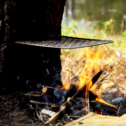 BattlBox Bushcraft Grill Stainless Steel Campfire Cooking Grate (2-Pack) Portable Camping Grate for Fire Cooking BBQ - Canvas Carrying Bag - Welded Mesh Grill Grate - Backpacking, Camping, Hiking