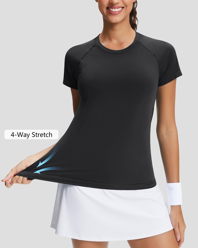 Stelle Women Seamless Workout Shirts Short Sleeve Athletic Top Yoga Gym Running T-Shirts(Black,M)
