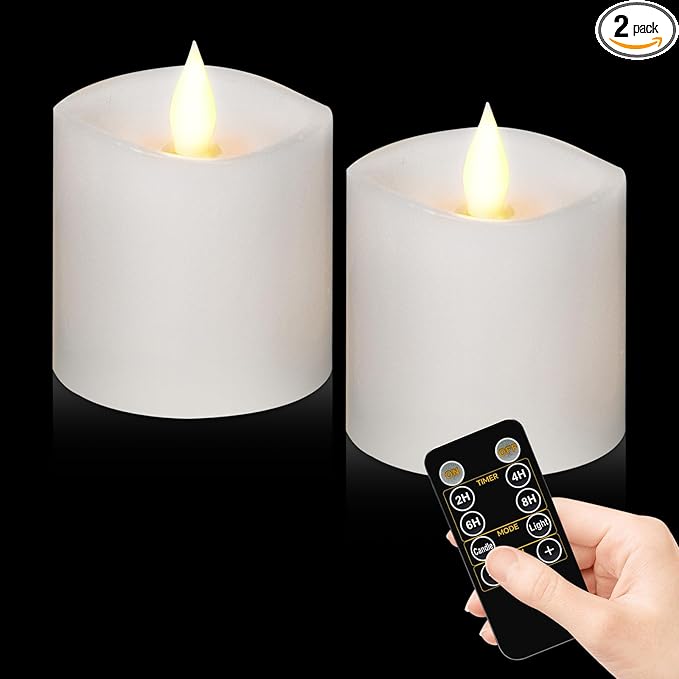 Flickering Flameless Candles Battery Operated with Remote Timer - Realistic 3D Moving Flame Candles, 600+ Hours Long-Lasting White LED Wax Candles for Wedding Home Decor, 3x3 Inch Set of 2