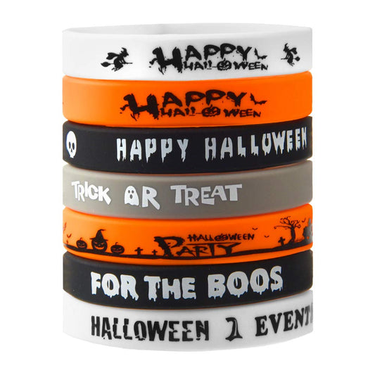 FEPITO 35 Pcs Halloween Wristband Silicone Wristbands 7 Classic Halloween Patterns Rubber Band Bracelets Halloween Trick or Treat Giveaways,Halloween Goodie Bag Fillers