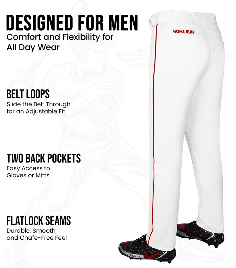 Exxact Sports Home Run Men's Baseball Pants with Piping - Full-Length, Semi-Relaxed Fit, Open-Bottom Adult Baseball Pants - (AM, White/Red Piping)