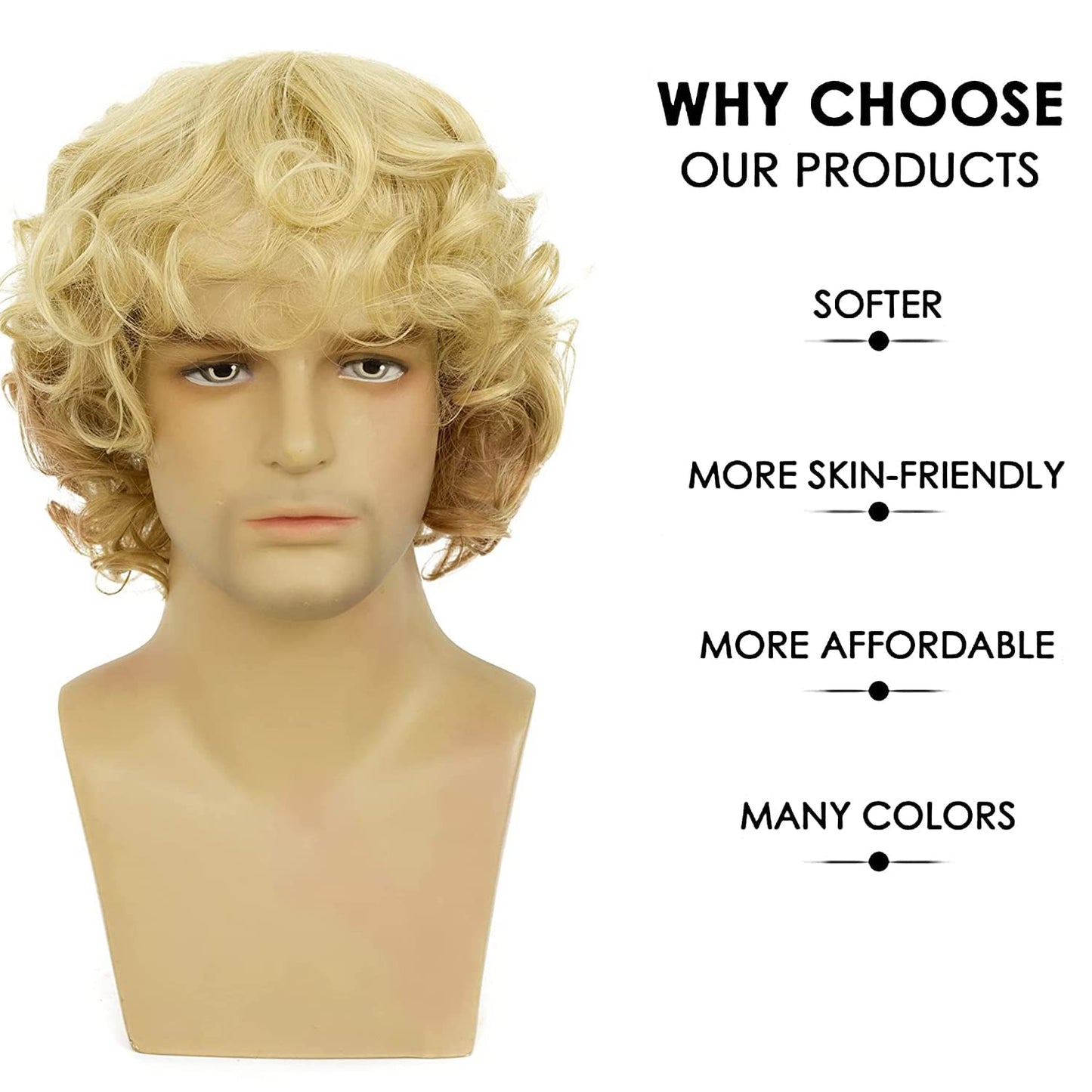 Beweig Mens Blonde Wig Short Wavy Fluffy Natural Synthetic Wig with Bangs Costume Daily Party Cosplay Halloween Wig for Males
