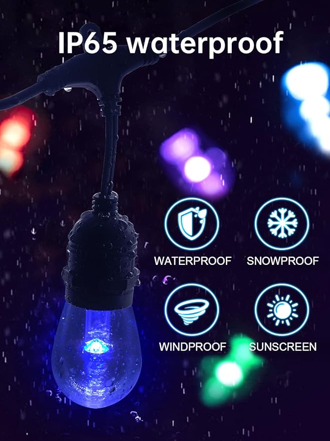 Commercial Grade 48FT LED Outdoor String Lights with Remote Control - Shatterproof Waterproof Color Changing Christmas Lights, Dimmable for Patio, Garden, Wedding Decor