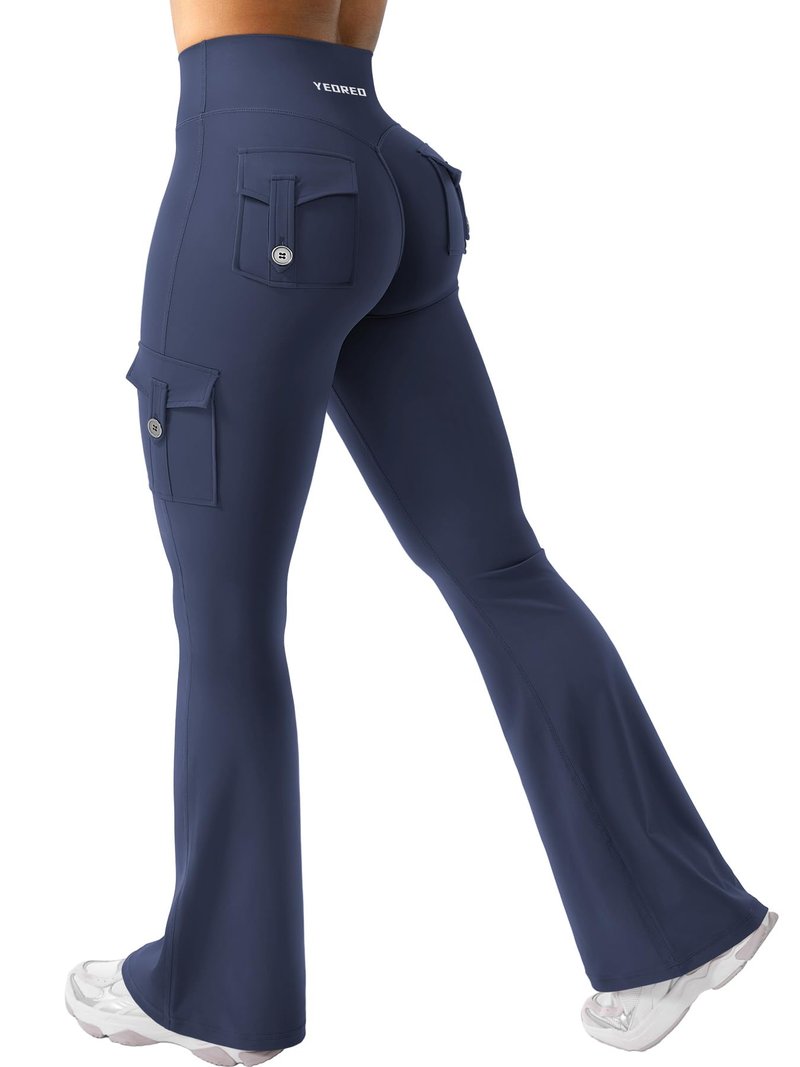 YEOREO CoreFlex Women Workout Flare Leggings with Pockets Hidden Scrunch High Waisted Cargo Gym Yoga Leggings Navy S