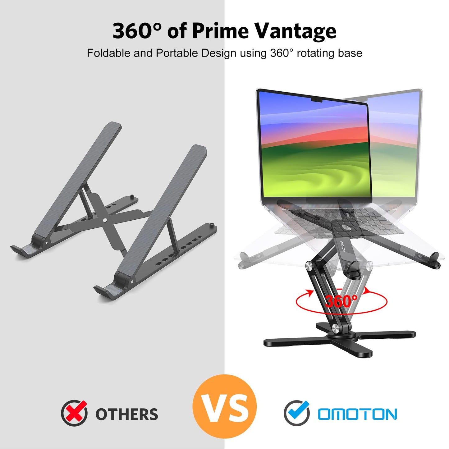 OMOTON 360° Rotating Laptop Stand Riser for Desk, Ergonomic Foldable Computer Stand Adjustable Height Angles for Collaborative Work, Easy Storage Fit Macbooks,All Laptops up to 16 inches, Silver