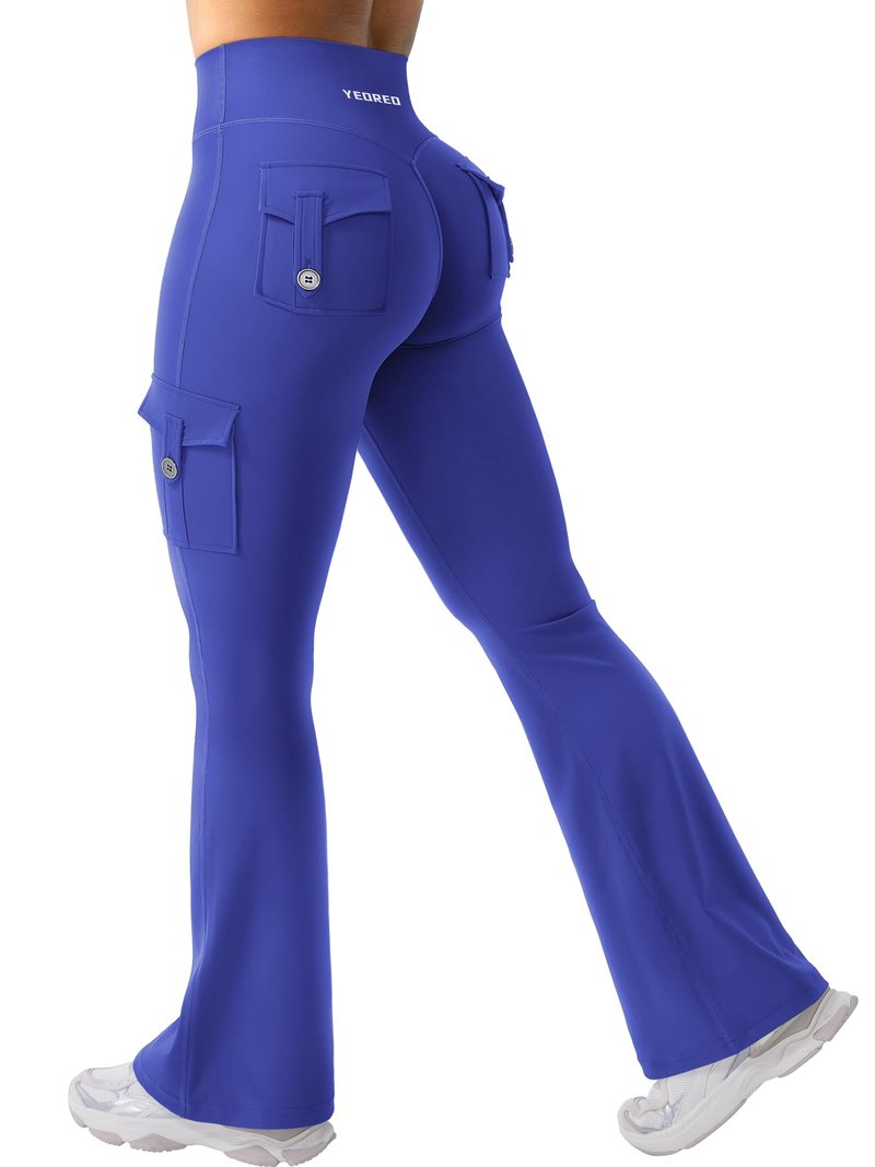 YEOREO CoreFlex Women Workout Flare Leggings with Pockets Hidden Scrunch High Waisted Cargo Gym Yoga No Front Seam Leggings 30" Inseam Dazzling Blue S