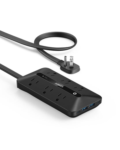 Anker 300J Flat Plug 10-in-1 Ultra Thin Power Strip with 6 AC, 2 USB-A & 2 USB-C Ports, Extension Cord, Desk Charging Station for Home, Office, College, Dorm, 5 Feet, Black