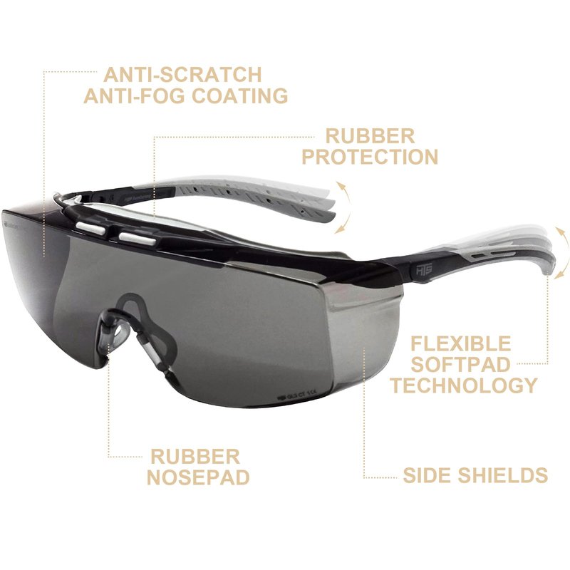 HTS HUNTERSKY 3906 ANSI Z87.1+ Anti Fog Lab Over Eyeglasses Safety Glasses Smoke Tinted Impact Resistant Lens Integrated Side Shields UV Protective OTG Goggles