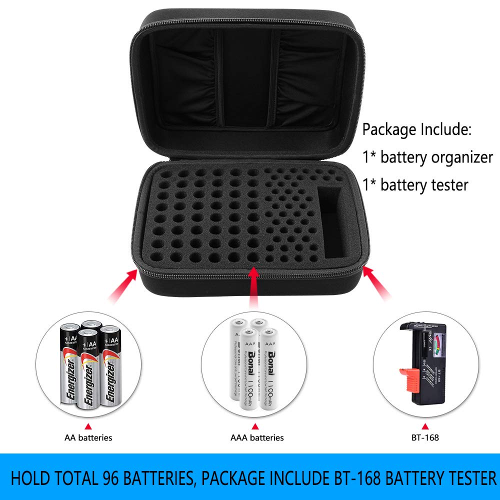 Battery Organizer Storage Box Case Holder for 48 x AA, 48 x AAA Total 96 Batteries with Battery Tester, Extra 2 Pockets for Other Accessories