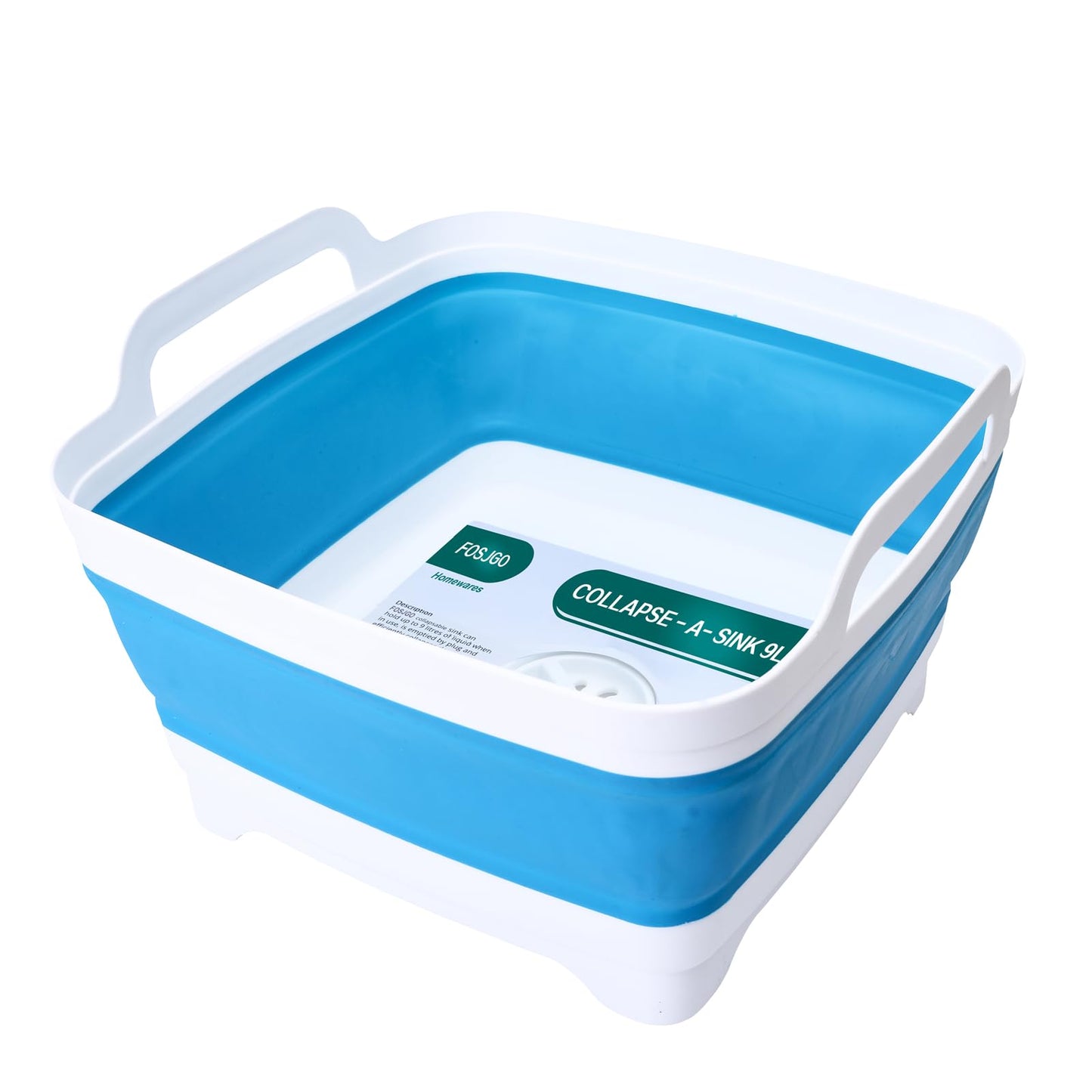 FOSJGO Dish Basin Collapsible with Drain Plug Carry Handles for 9 L Capacity, Collapsible Sink Tub, Dish Wash Basin, Portable Dish Tub, Foldable Dishpan for Camping Dish Washing Tub and RV Sink