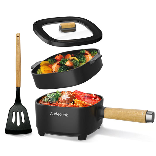 Audecook Hot Pot Electric 2L, Cermic Glaze Non-Stick Frying Pan 8 Inch, Portable Travel Cooker for Ramen/Steak/Fried Rice/Oatmeal/Soup, with Dual Power Control (Silicone Spatula Included)