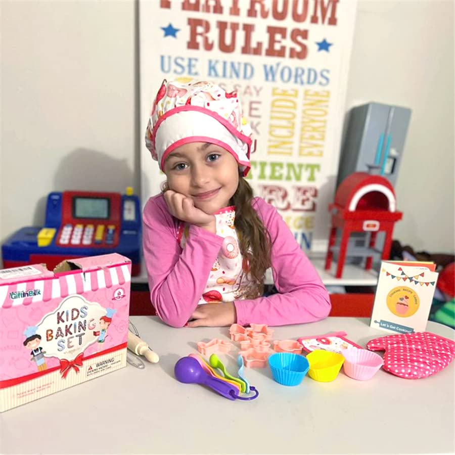 GIFTINBOX Kids Cooking and Baking Chef Set, 25PCS with Kids Apron,Chef Hat & Utensils Kids Cooking Set, Toddler Dress Up and Pretend Play Kitchen Toys, Birthday Toys for 3 4 5 6 7 8 Year Old Girls