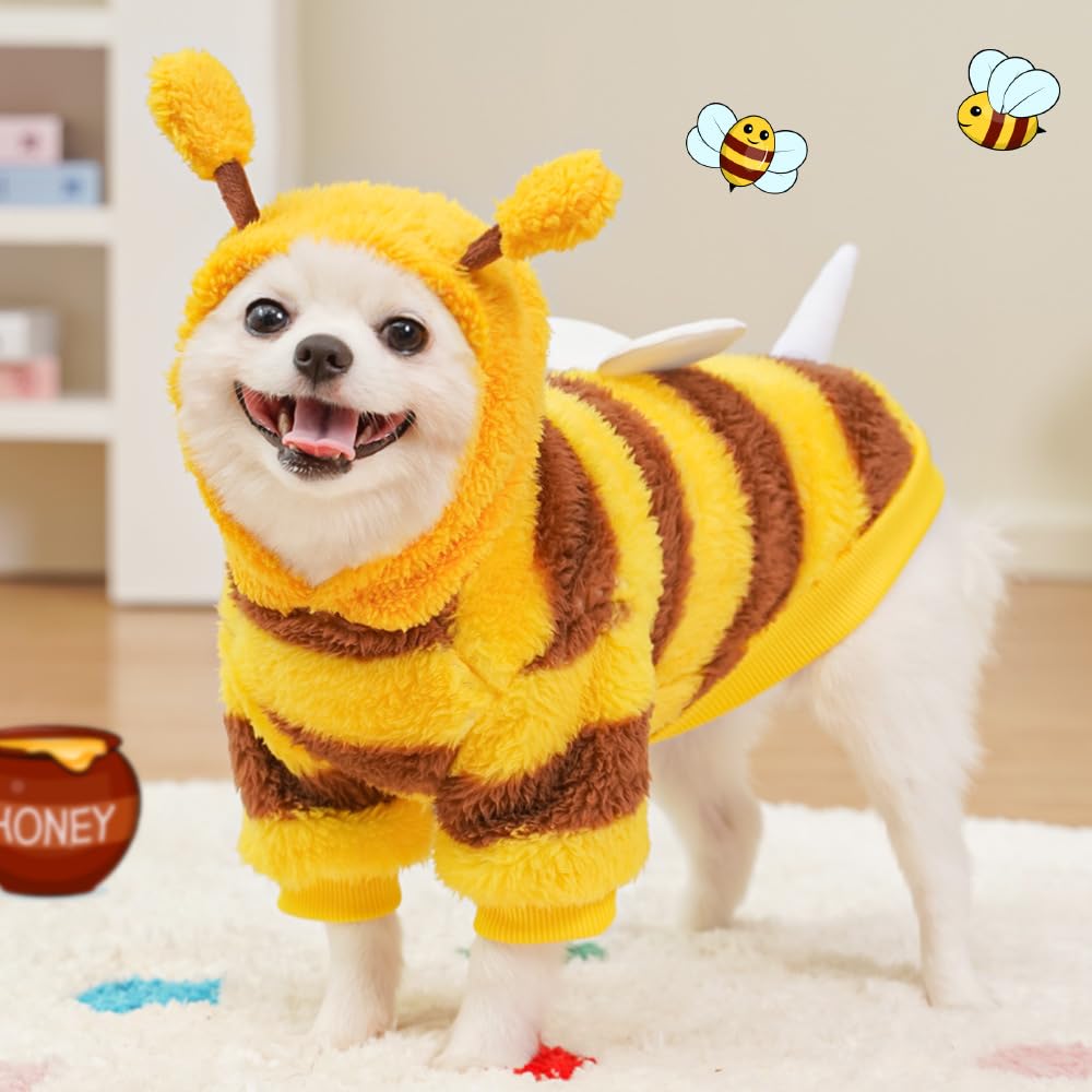 ANIAC Fleece Dog Hoodies with D-Ring Autumn Winter Puppy Clothes for Small Dogs Bumblebee Cat Apparel Cold Weather Coat Funny Doggy Bee Costume for Christmas Halloween (Yellow, Medium)