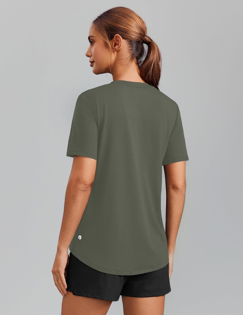 PINSPARK Breathable T-Shirts for Women Short Sleeve V Neck Moisture Wicking Workout Tops Quick Dry Lightweight Athletic Gym Shirts,Olive Green XX-Large