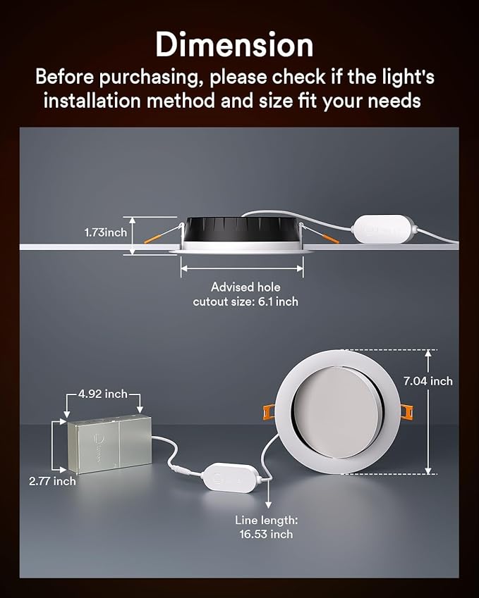 Lumary Smart Gimbal Recessed Lighting 6 Inch, 355°+20° Adjustable RGBWW WiFi Ceiling Light, Work with Alexa Google, Canless LED Downlight with J-Box, 13W 1000LM CRI90, 1PC