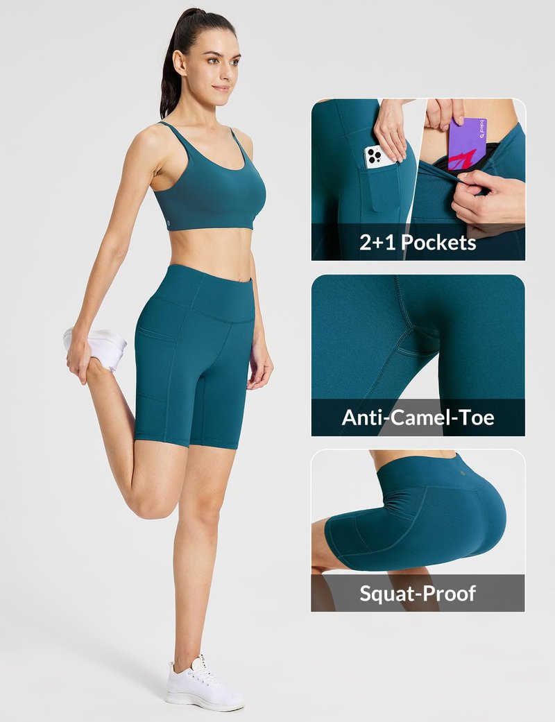 baleaf Biker Shorts Women Yoga Gym Workout Spandex Running Volleyball Tummy Control Compression with Pockets 8" Blue M
