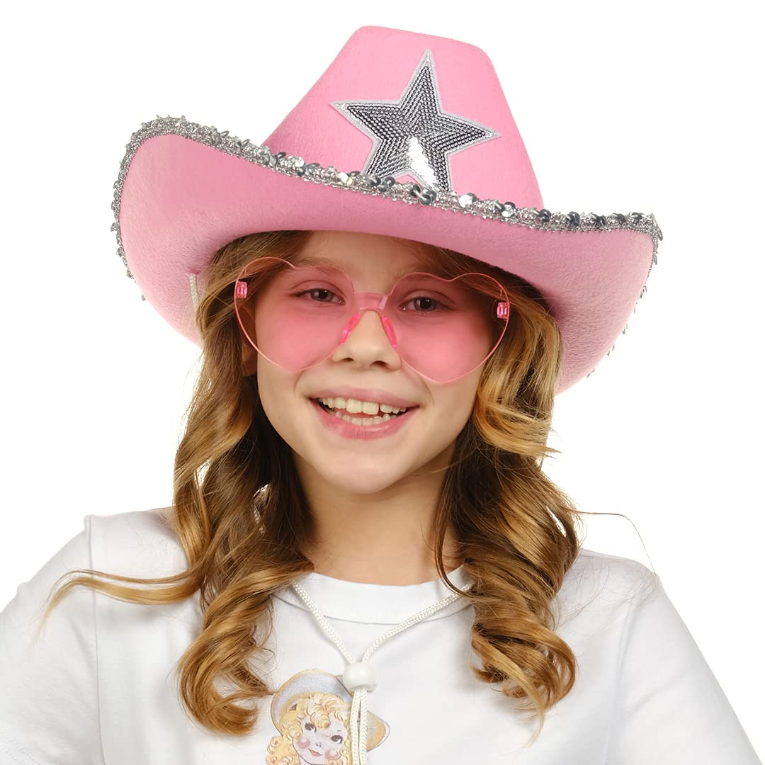 Funcredible Pink Cowboy Hat and Glasses - Preppy Cowgirl Hat with Star - Sparkly Cowboy Hats - Cowgirl Outfit Accessories for Women and Girls