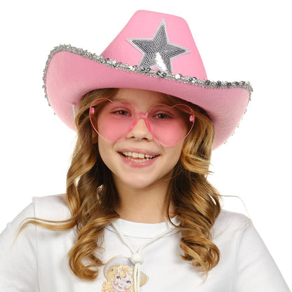 Funcredible Pink Cowboy Hat and Glasses - Preppy Cowgirl Hat with Star - Sparkly Cowboy Hats - Cowgirl Outfit Accessories for Women and Girls