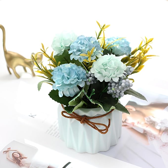 2 PCS Mini Hygrangea Artificial Flowers in Vase, Small Centerpiece Table Decorations - Fake Plant in Vase, Faux Hydrangea Flower Decor for Home, Wedding, Office and Party