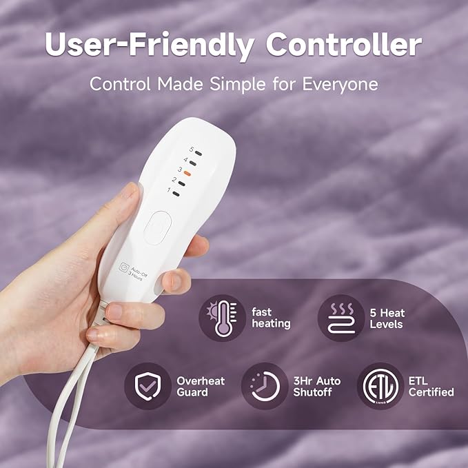 Heated Blanket Throw 50"x60", ETL & FCC Certified Electric Blanket with 3-Hour Timer Auto-Off & 5 Heating Levels, Overheat Protection, Machine Washable - Favor Purple