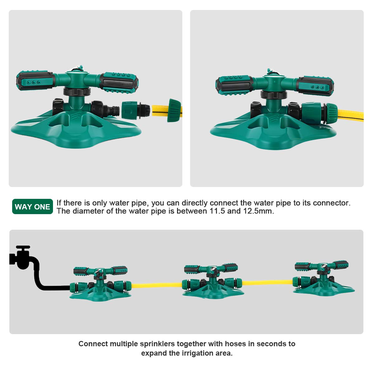 WISDOMWELL Garden Sprinkler Adjustable water spray range Suitable for large areas of lawn Automatic 360 Degree 3 Arm Rotating Sprinkler System Sprinklers (1Sprinkler+4Connectors+2 Sprinkler Head)