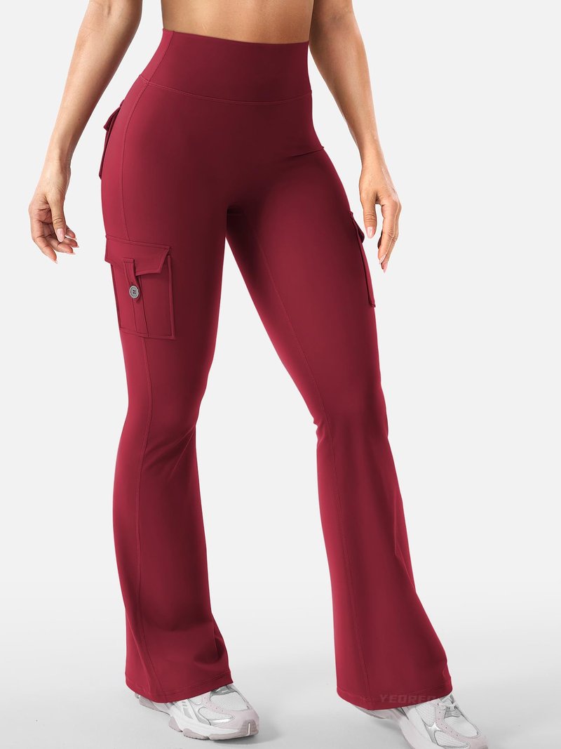 YEOREO CoreFlex Women Workout Flare Leggings with Pockets Hidden Scrunch High Waisted Cargo Gym Yoga Leggings Wine S