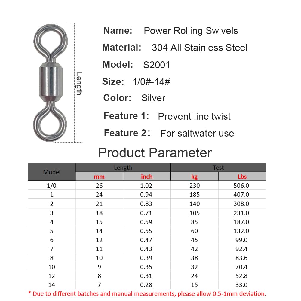 100 Pcs Fishing Swivels Saltwater, 100% 304 Stainless Steel Power Swivel Corrosion Resistance Barrel Swivels High Strength Freshwater Fishing Line Lure Leader Connectors (8# 0.39" / 80LB)