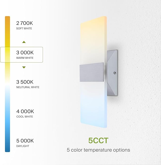ASD 12 Inch LED Indoor Wall Sconce - Modern Interior 12W 2700K-5000K Adjustable Dimmable Wall Mounted Light Fixtures, Acrylic Glass Wall Lights for Stairway, Hallway - UL, Brushed Nickel