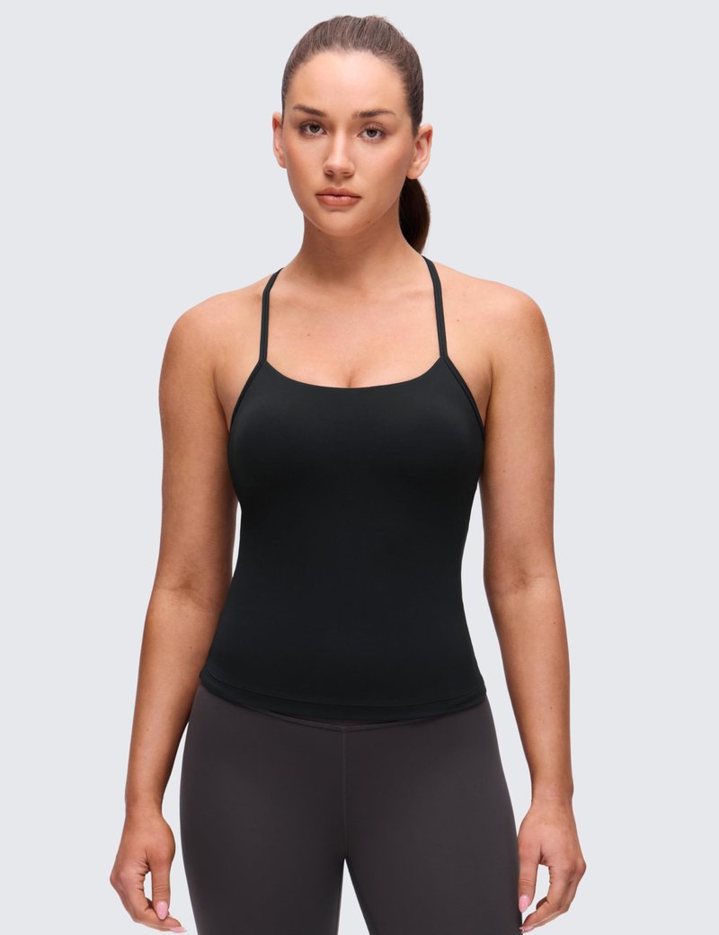CRZ YOGA Butterluxe Racerback Tank Tops for Women - Scoop Neck Spaghetti Strap Padded Workout Camisole with Built in Bra Black Medium