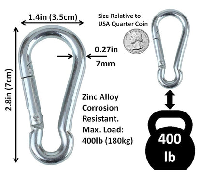 Branded Boards Black & Silver Zinc-Galvanized Heavy Duty Bushcraft Carabiner Spring Snap Clip Link Hooks 200-500lb Load 2, 6 & 12 Packs (Silver-7cm-12 Pack)
