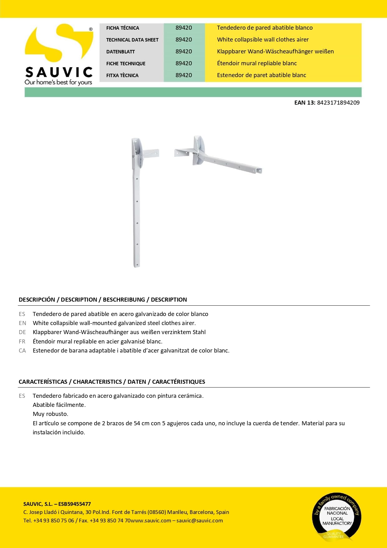 Sauvic White Foldable Wall Clothes Airer, Steel, 54 x 14.5 x 14 cm