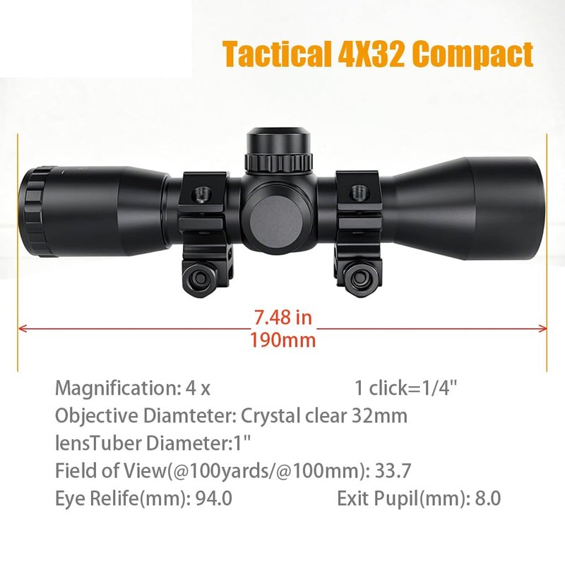 Tactical 4X32 Compact Riflescope - Mil Dot Reticle for Precision Hunting | Adjustable Rail Mounts