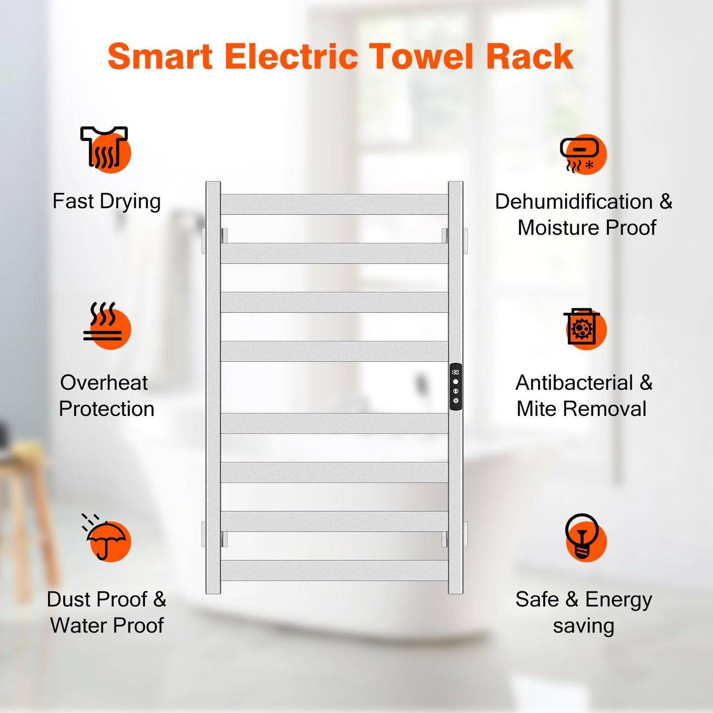 Towel Warmer, Towel Heater Rack for Bathroom, 8-bar Electric Towel Dryer Wall-Mounted Plug-in Bath Heater, 201 Stainless Steel Hot Towel Rack with Timer and Smart Temperature Control
