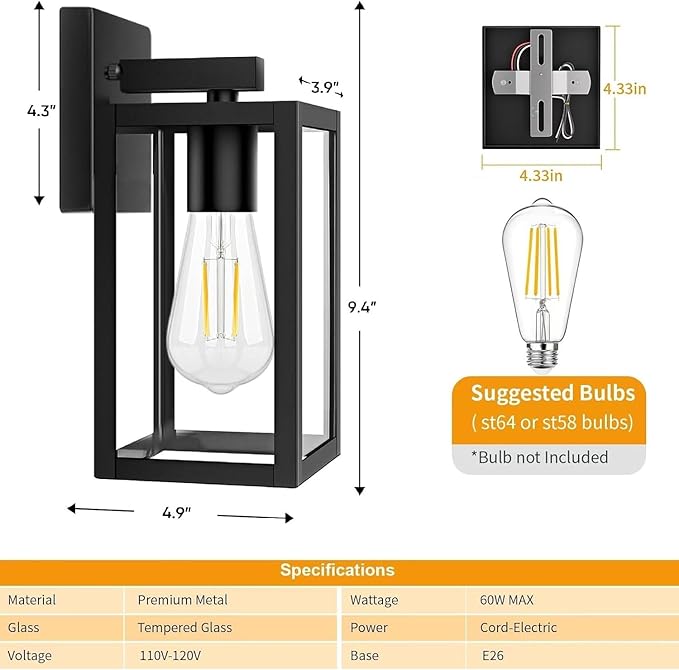 4 Pack Outdoor Light Fixtures, Black Exterior Light Wall Mount, Aluminum Porch Wall Lanterns Waterproof Outside Light for House Front Door Light for Patio Garage Doorway