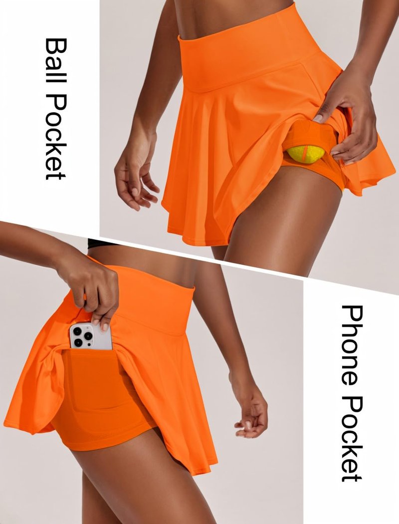 PINSPARK Womens Golf Skort with Pockets Shorts Breathable Tennis Skort High Waisted Pickleball Skirt, Orange Small