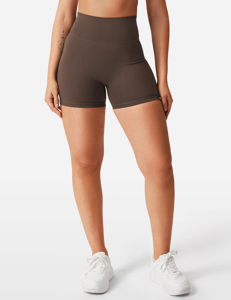 YEOREO Women's Biker Shorts 4.5" / 6" Workout Gym Shorts Craze High Waist Tummy Control Hidden Scrunch Running Yoga Coffee S