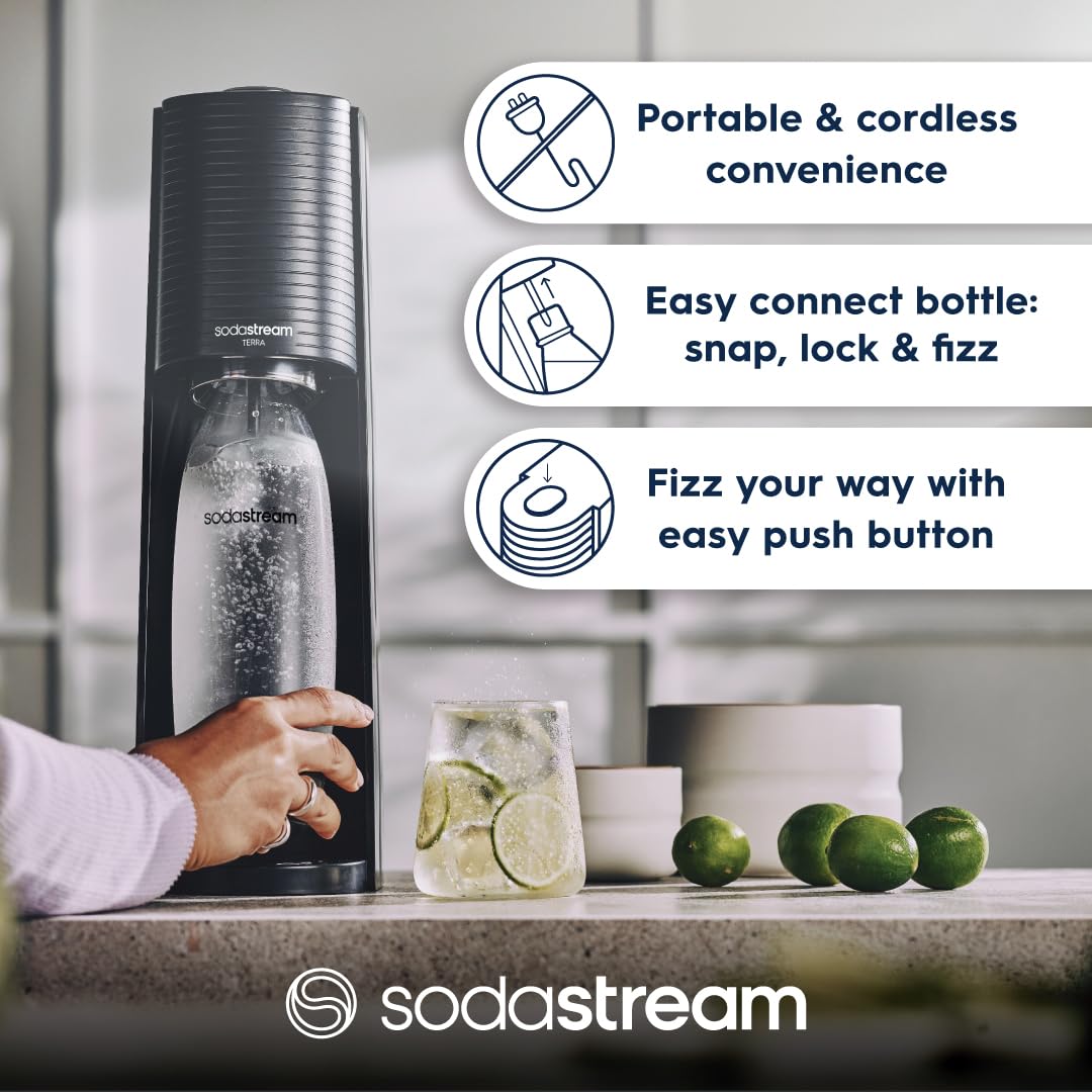 SodaStream TERRA Sparkling Water Maker, Easy To Use Carbonated Water Machine, 1L BPA-Free Bottle, 1 x Quick Connect CO2 Cylinder Makes 60L, Replace Single-Use Plastic, Mix with Pepsi Syrups, Black