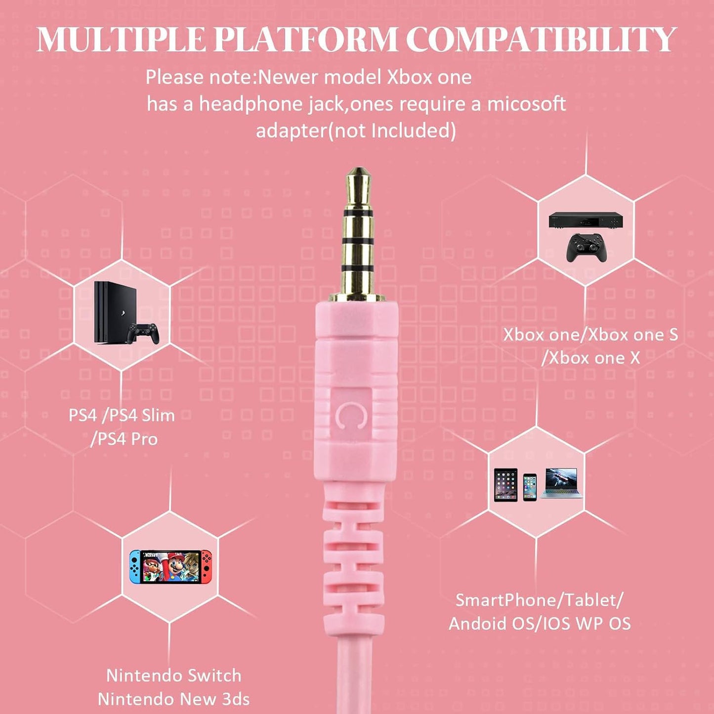 DIWUER Gaming Headset for Xbox One, PS4, PS5, Nintendo Switch, Bass Surround and Noise Cancelling 3.5mm Over Ear Headphones with Mic for Laptop PC Smartphones, Pink