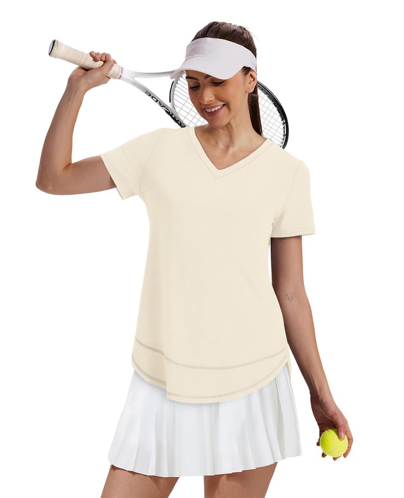 Short Sleeve Shirts for Women Workout Pilates Outfits Tennis Summer Tops 2026 Beach Vacation Clothes V Neck White M