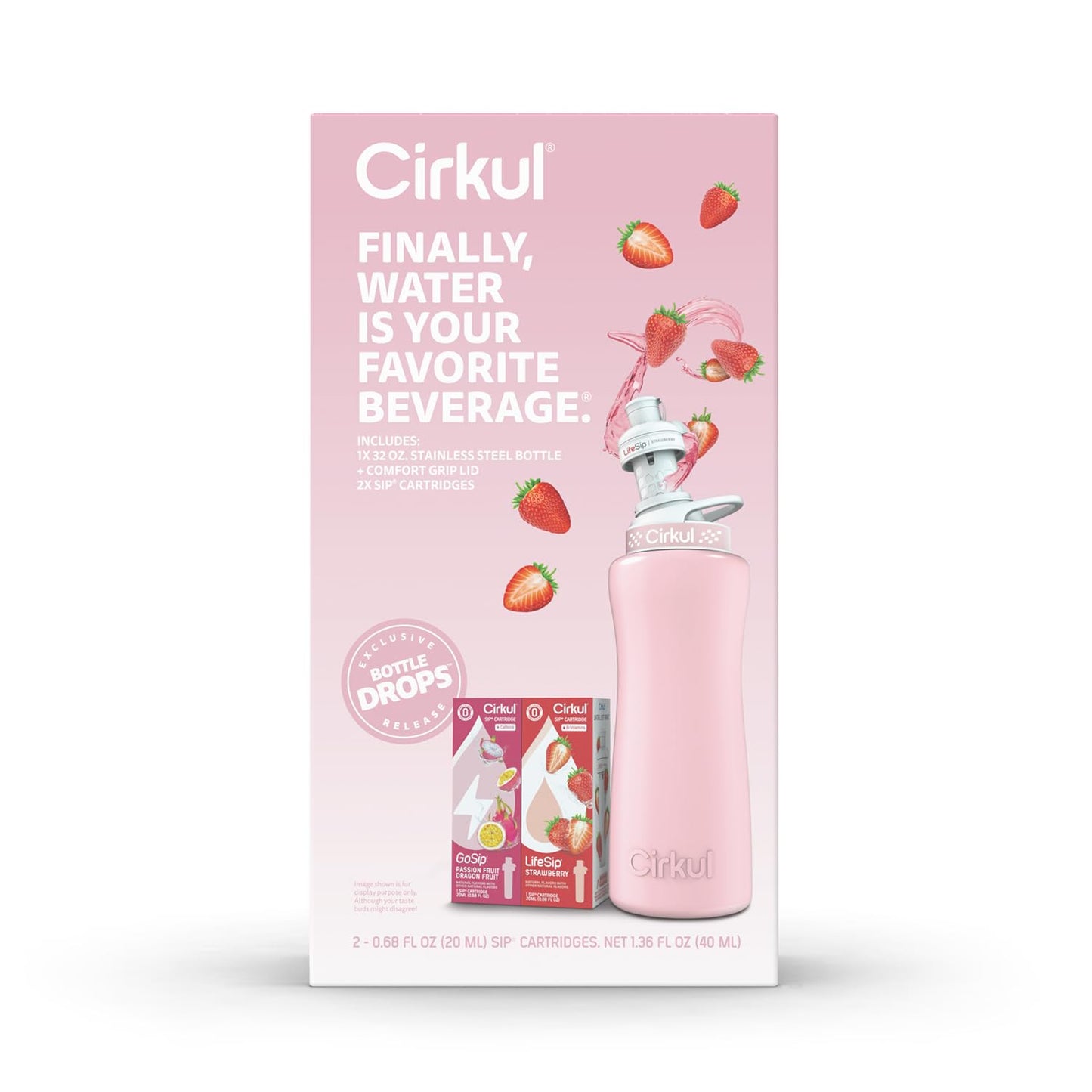 Cirkul 32oz. Blush Pink Stainless Steel Water Bottle Starter Kit with Pink Lid and 2 Flavor Cartridges (1 LifeSip Strawberry, 1 GoSip Passion Fruit Dragon Fruit) No Sugar, Zero Calorie Drink Mix