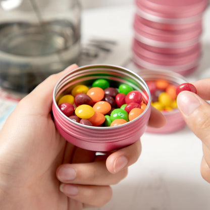 2 oz Metal Round Tins Aluminum Tin Cans Salve Tins Containers with Screw Lid 10 Sheets Stickers for Salve Spice Candies Balms Candles, 36 Pack (Pink)
