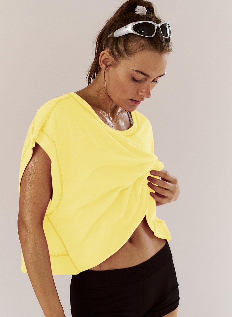 Womens Oversized Tshirts Workout Batwing Sleeve Gym Shirts Boat Neck Slouchy Tees Open Back Athletic Top Deep Yellow S