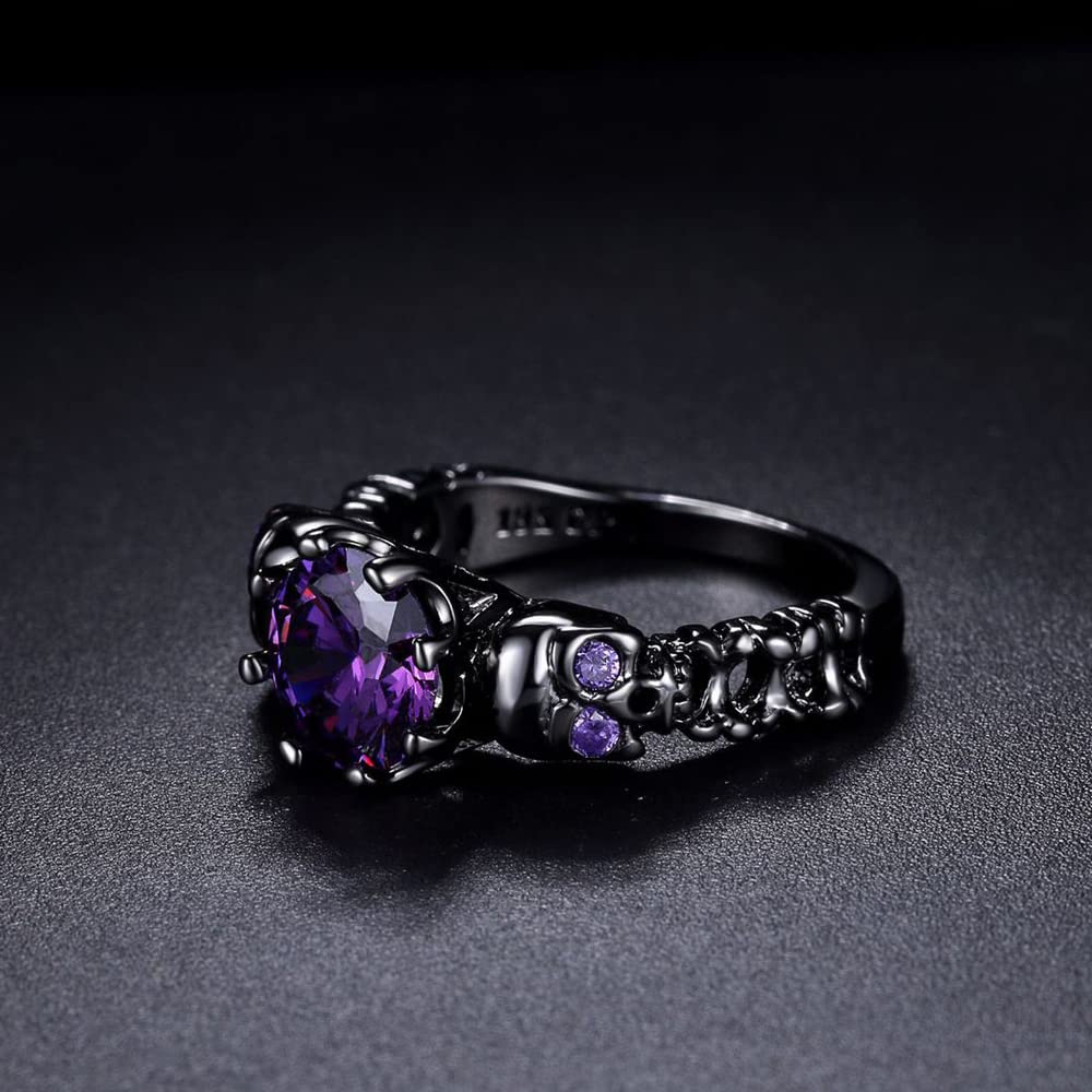 QOBEBOTA Gothic Jewelry Skull Black Rings for Women Halloween Skeleton Witchy Ring Goth Accessories Purple Cubic Zirconia Cool Grunge Ghost Band Statement Size 8 Rings for Women