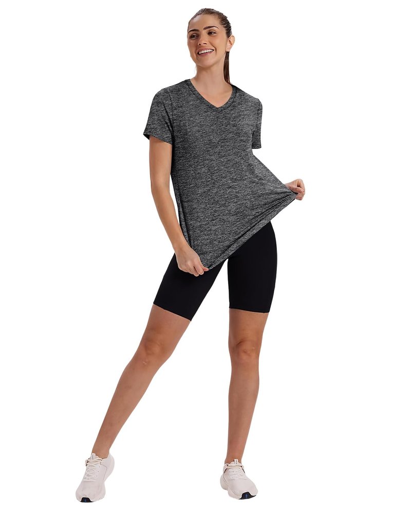 Summer Tops for Women 2026 Short Sleeve Workout Clothes Athletic Shirts Pilates Outfits Camisetas Deportivas para Mujer V Neck Dark Grey L