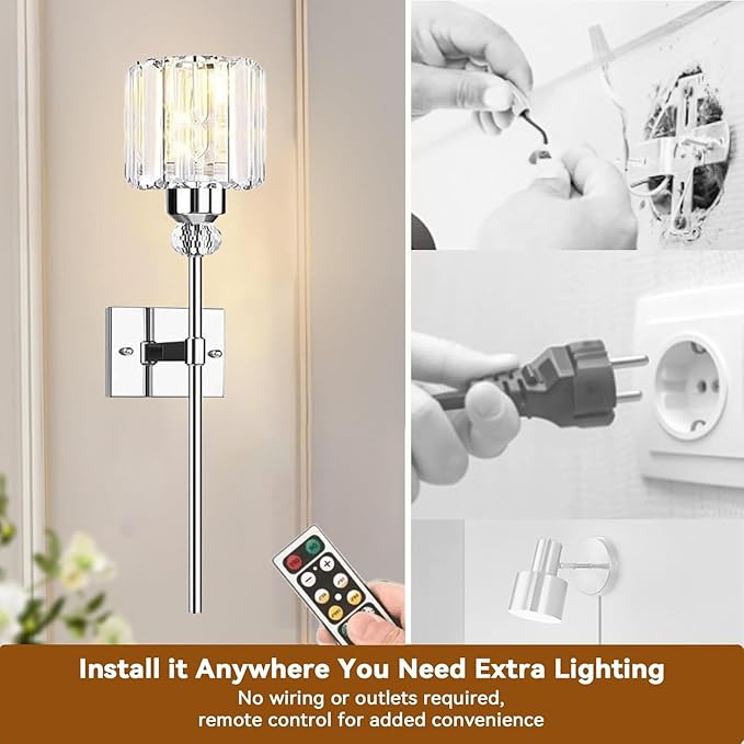 Modern Wall Sconces Lighting Battery Operated Set of 2,No Wiring Rechargeable Wall Lights Fixture with Wireless Remote,Clear Glass Long Wall Lamp Silver for Bedroom Bathroom Living Room Vanity Light