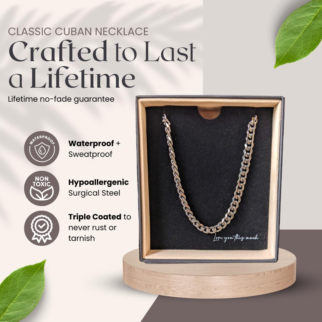 Love You This Much Promise 5mm Cuban Chain Necklace for Him, 22" Length + Luxury Box, Sentimental Gift for Men, Birthday Gift for Boyfriend, Anniversary Ideas for Husband or Boyfriend (Classic Stainless)